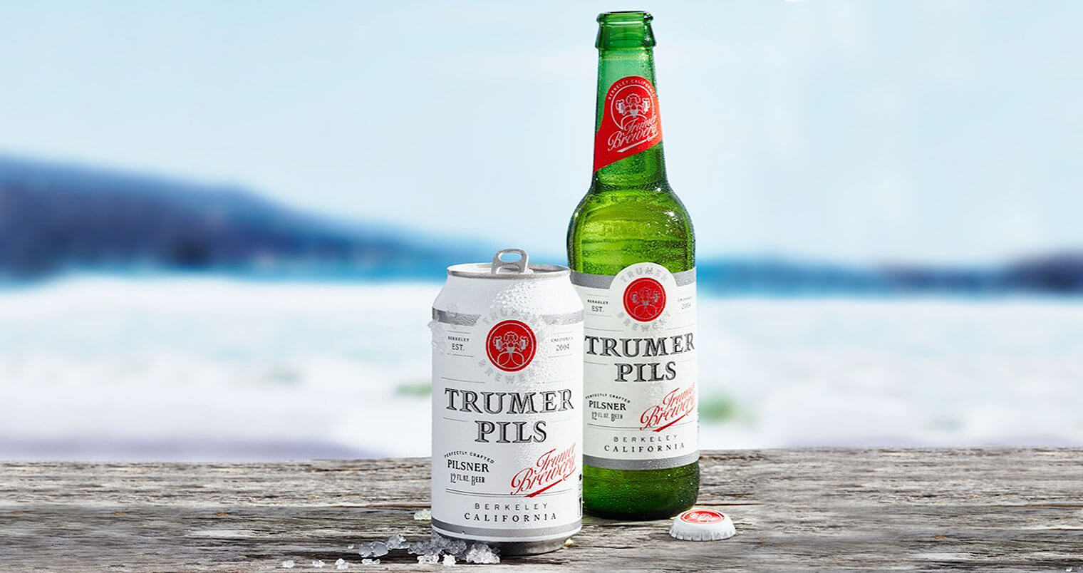 Trumer Pils New Packaging Design, bottle and can, beach scene, featured image
