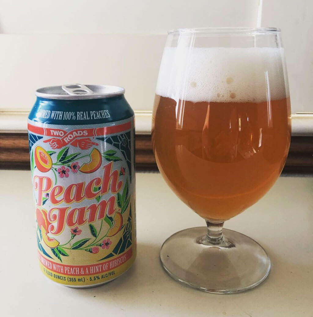 Two Roads Brewing Company Peach Jam Wheat, can and glass