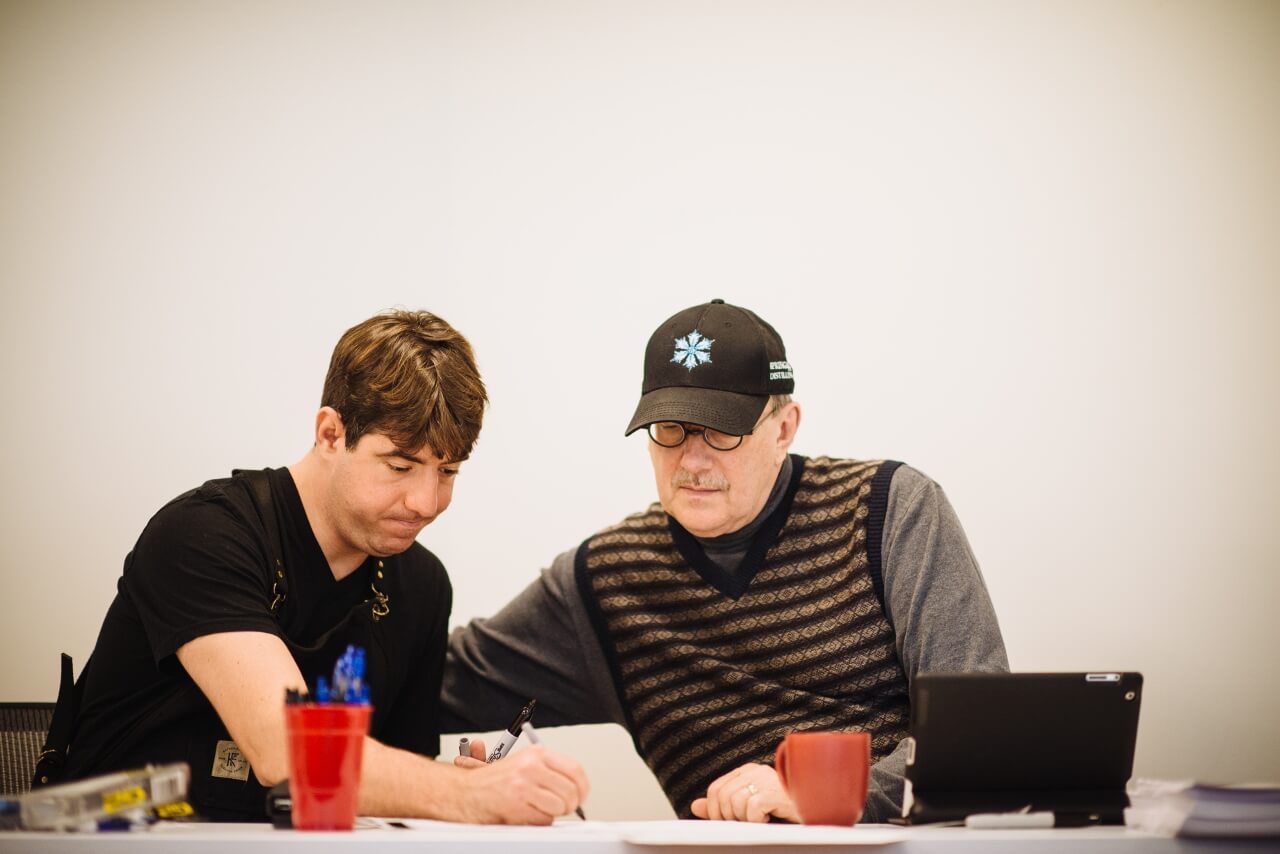 Leo DeGroff and Paul Pacult conferring about logistics at the USC 2015 Gin, Vodka, Vermouth judging.