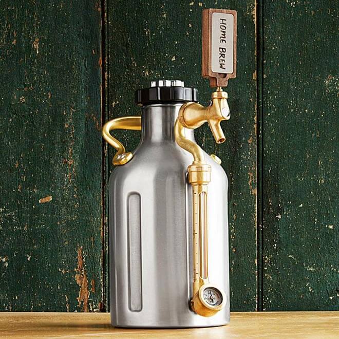 Pressurized Craft Beer Growler, rustic green wood wall background