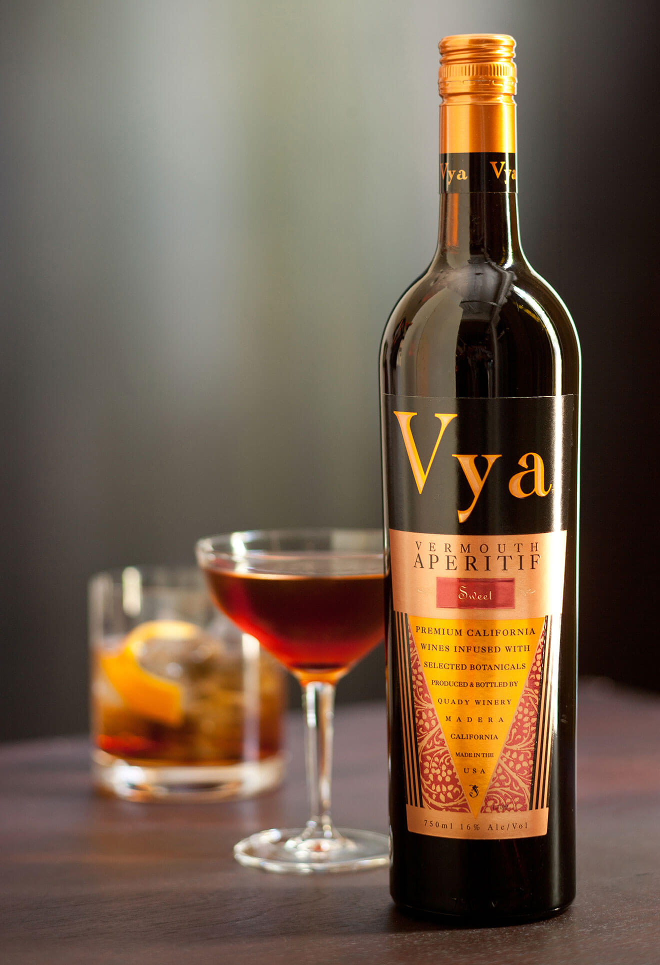 Vya™ Vermouth, bottle and glasses, cocktails