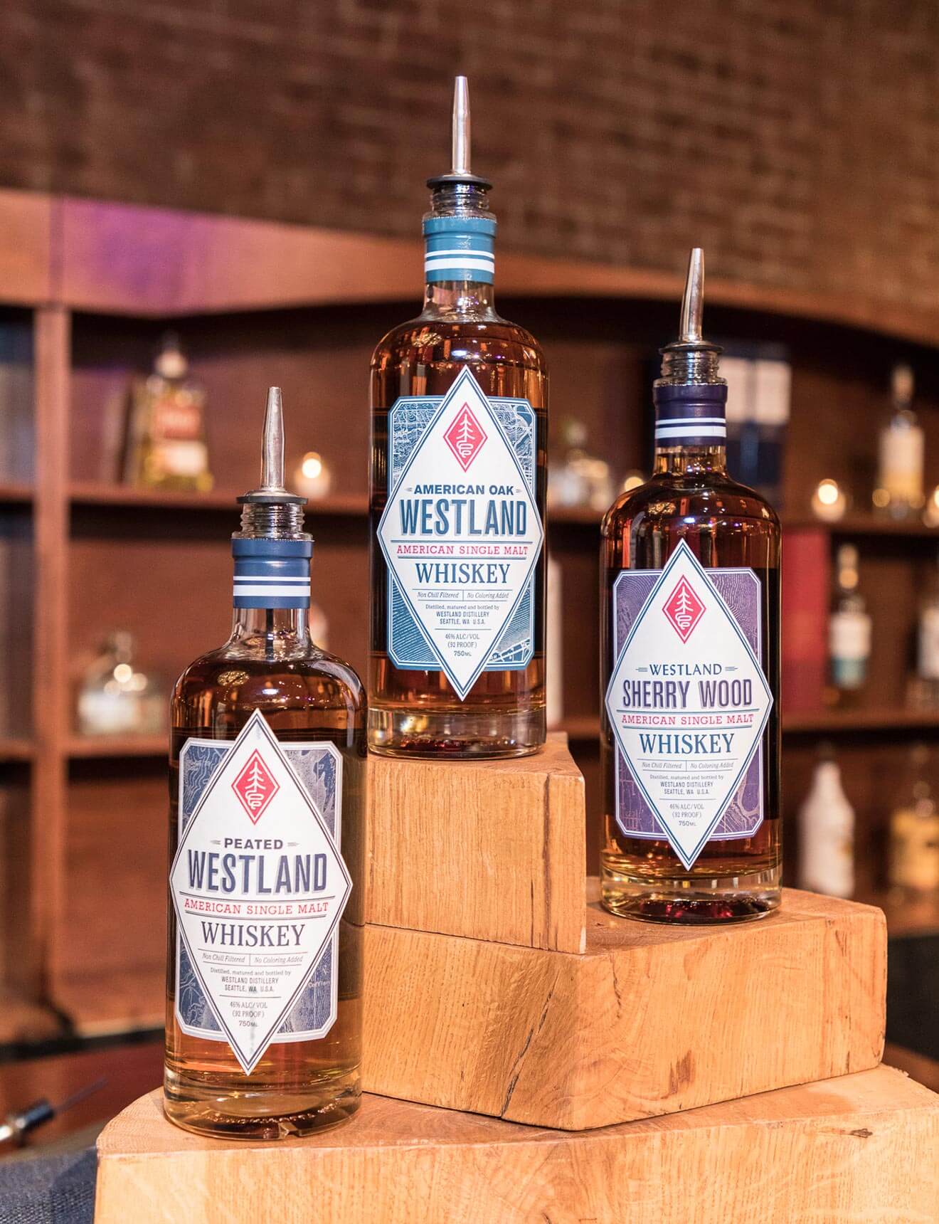 Westland Whiskey, bottles on trophy stand display