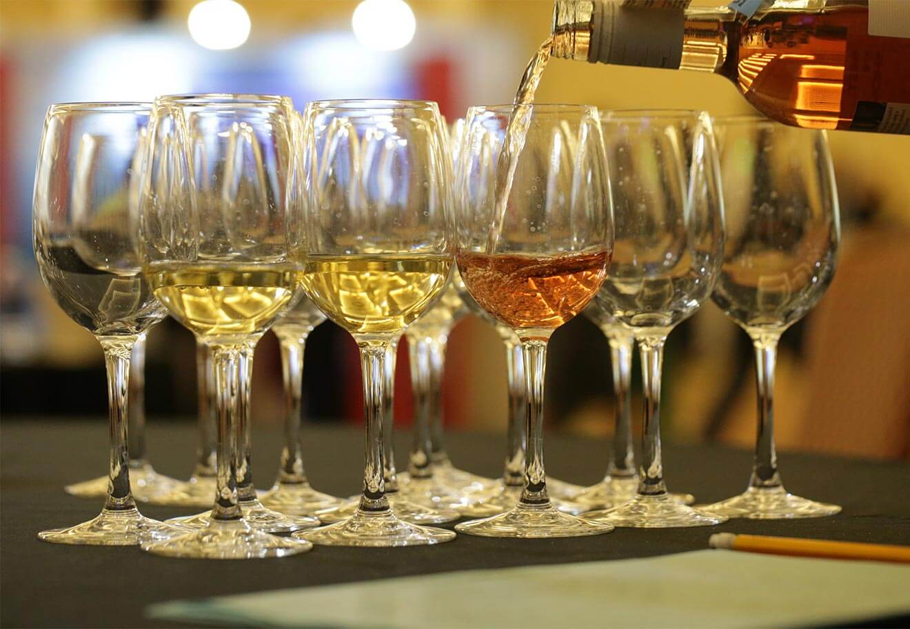 Wine tasting glasses in a row