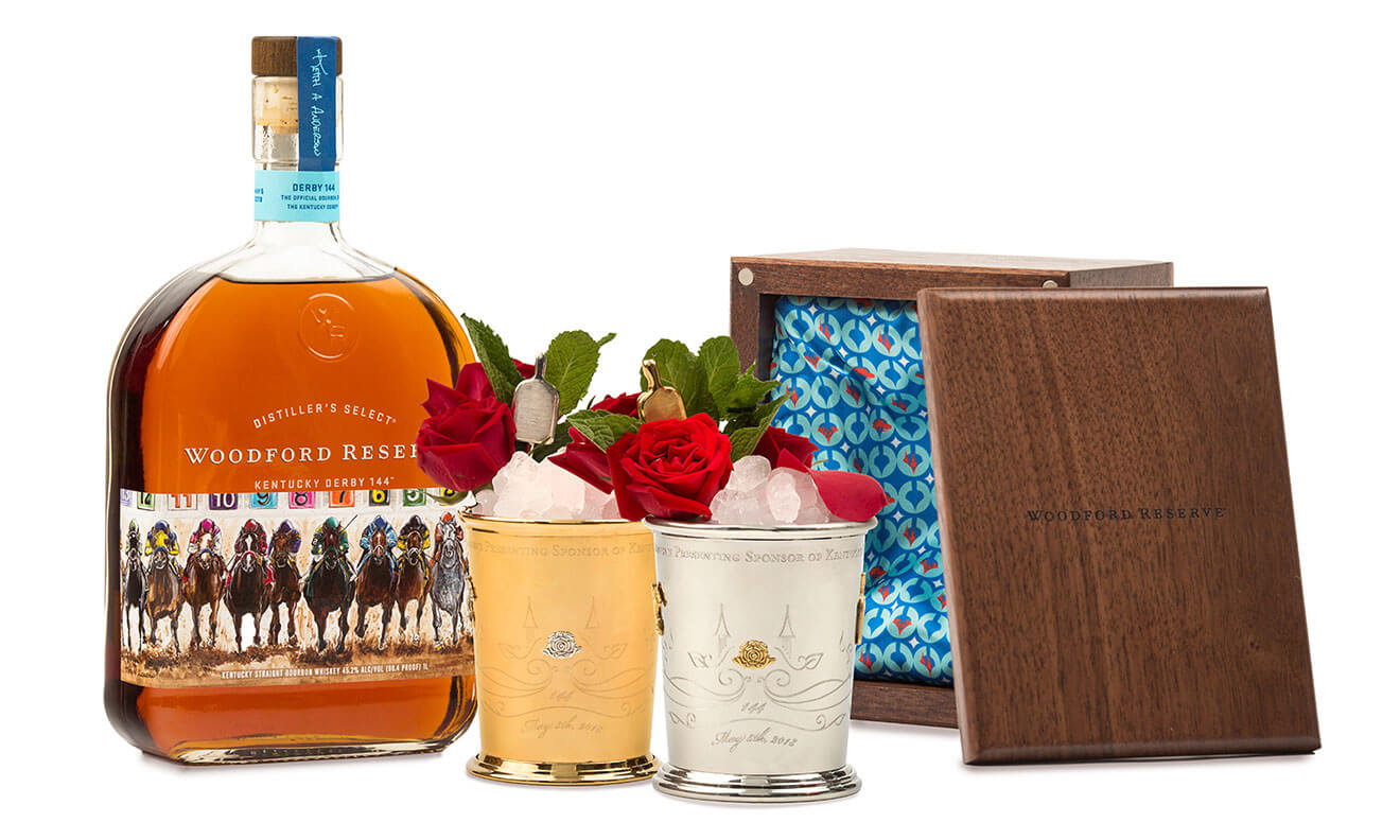Woodford Reserve 2018 Kentucky Derby Mint Julep, cocktail with bottle, garnishes and award