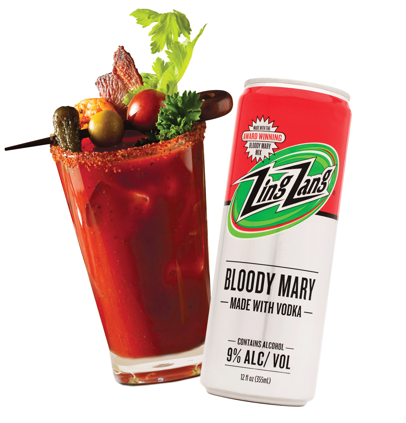 Zing Zang RTD Bloody Mary, cocktail and can on white