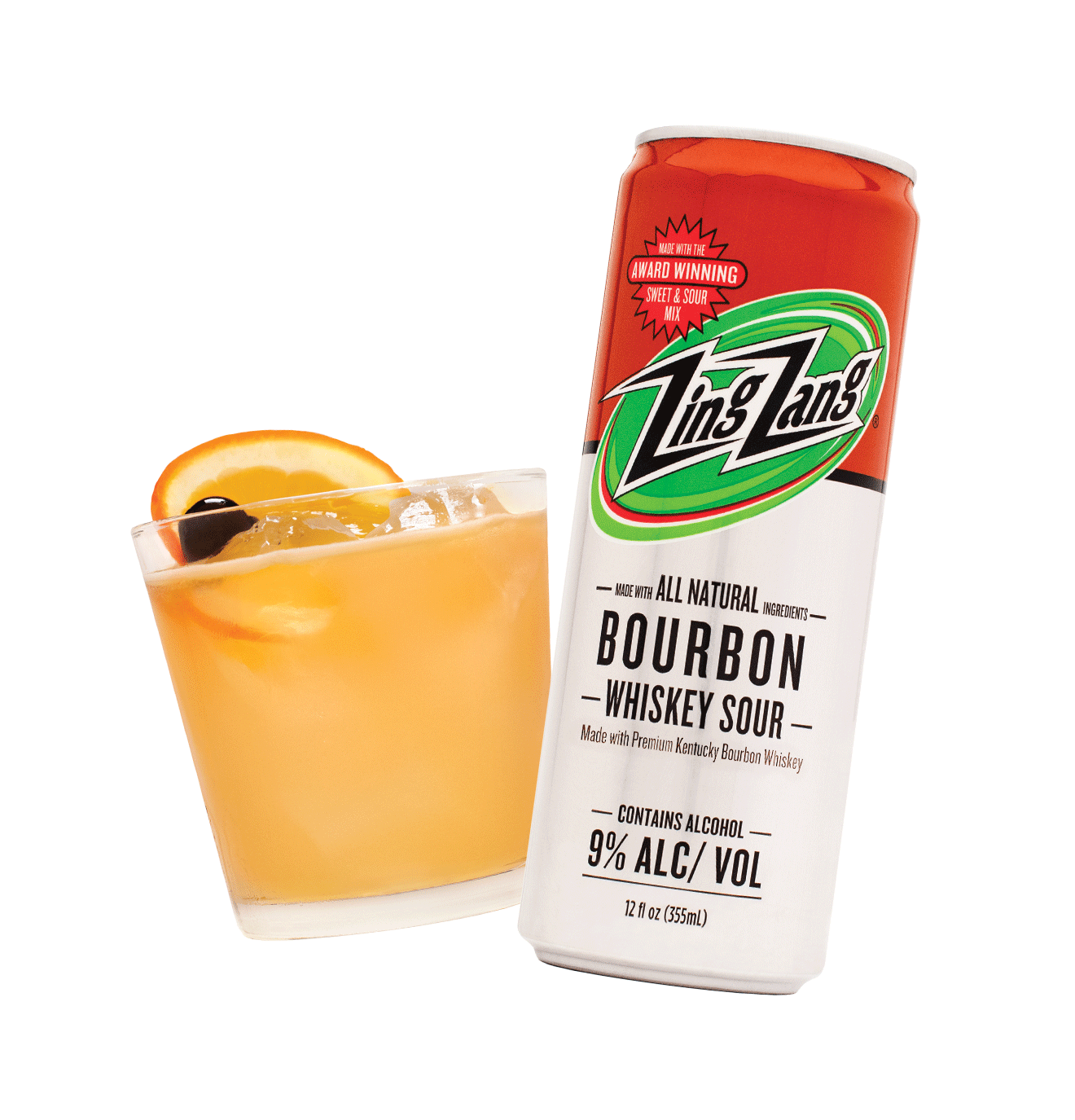Zing Zang RTD Whiskey Sour, cocktail and can on white