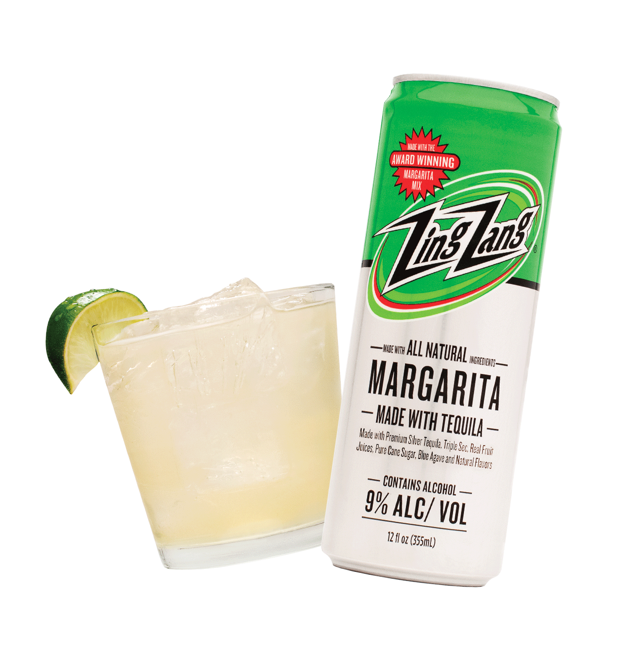 Zing Zang RTD Margarita, cocktail and can on white