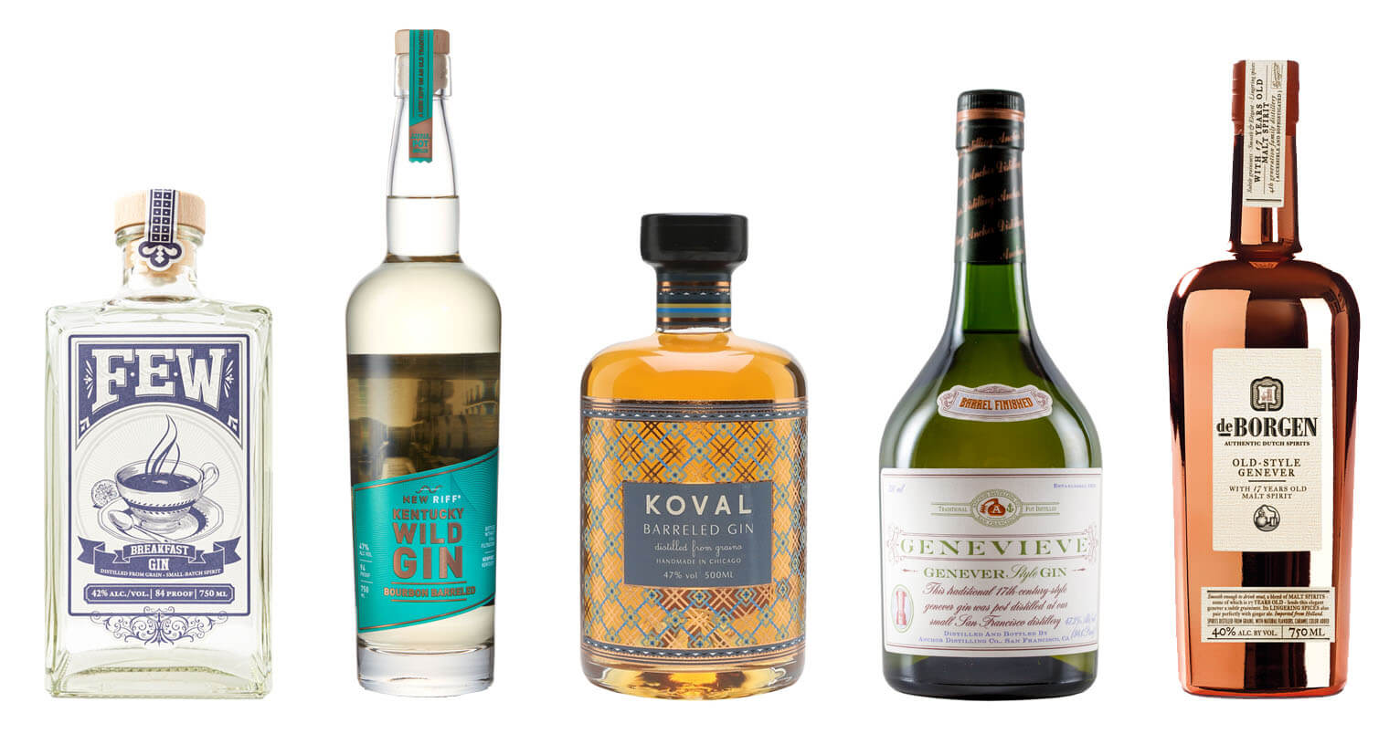 Barrel-Aged Gins And Genevers, bottles on white, featured image