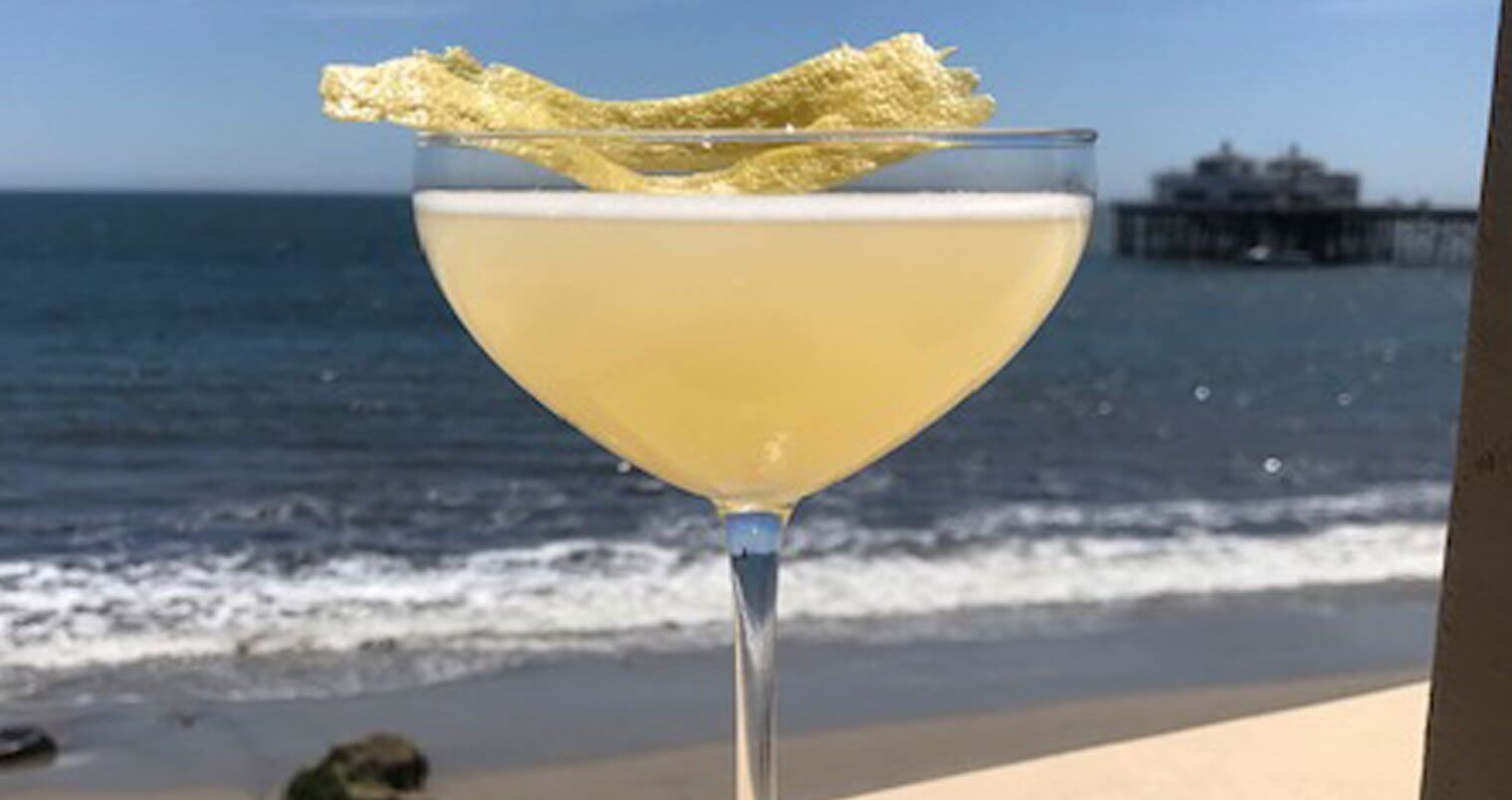 Bee's Knees 2019, cocktail with garnish, beach view in back, featured image
