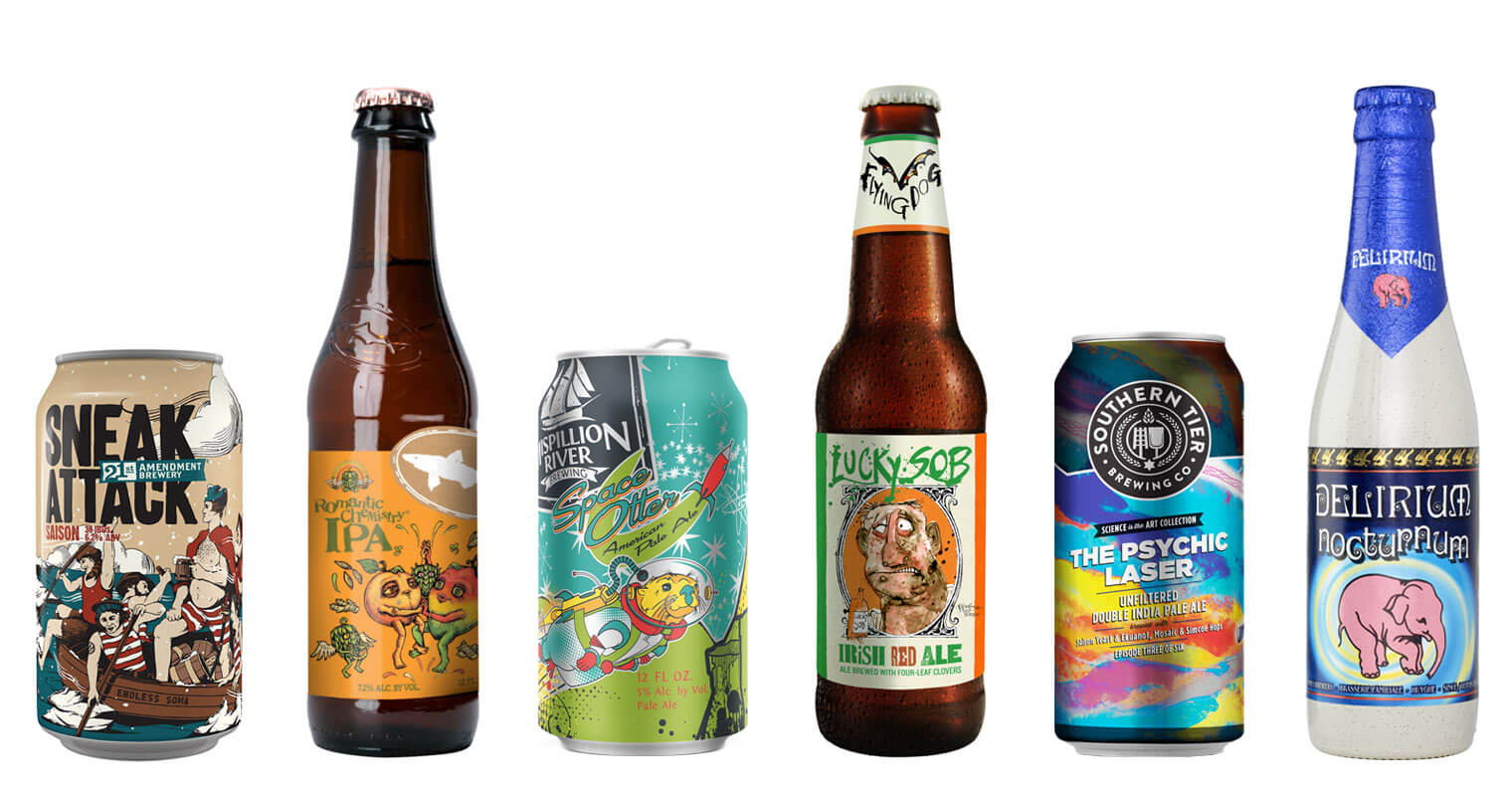 Cool Craft Beer Labels, bottles on white, feature dimage