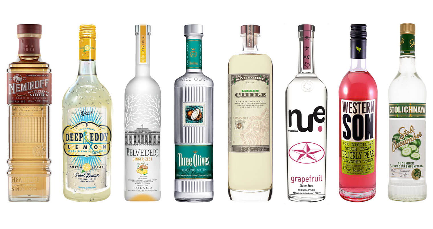 8 Delicious Flavored Vodkas, bottles on white, featured image