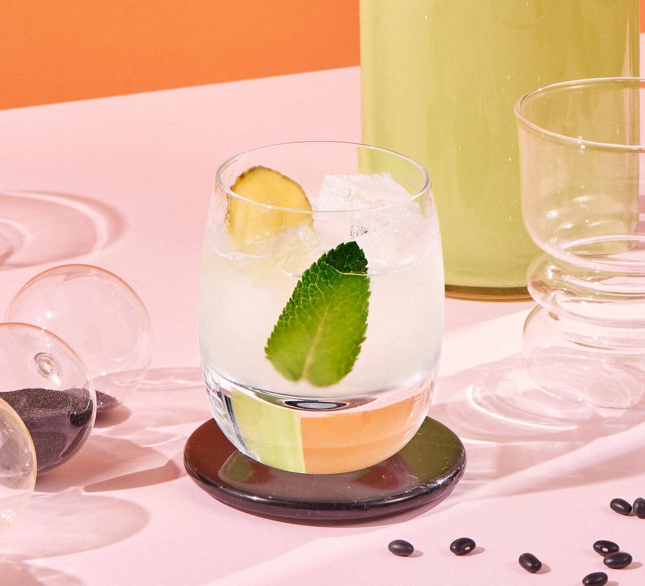 Ginger Mint Margarita, cocktail, bottle, glasses and garnishes