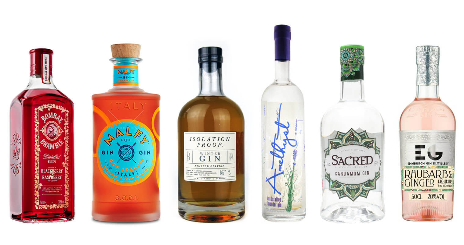 6 Flavored Gins to Try, bottles on white, featured image