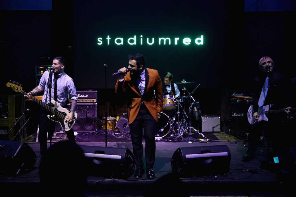 Joe Ragosta, Anthony Mingoia, Marc Kantor, Rob Felicetti, and Corey DeVincenzo of Patent Pending perform on stage at the GREY GOOSE and Stadiumred New York VIP Grammy Awards Party on February 8, 2015 in New York City