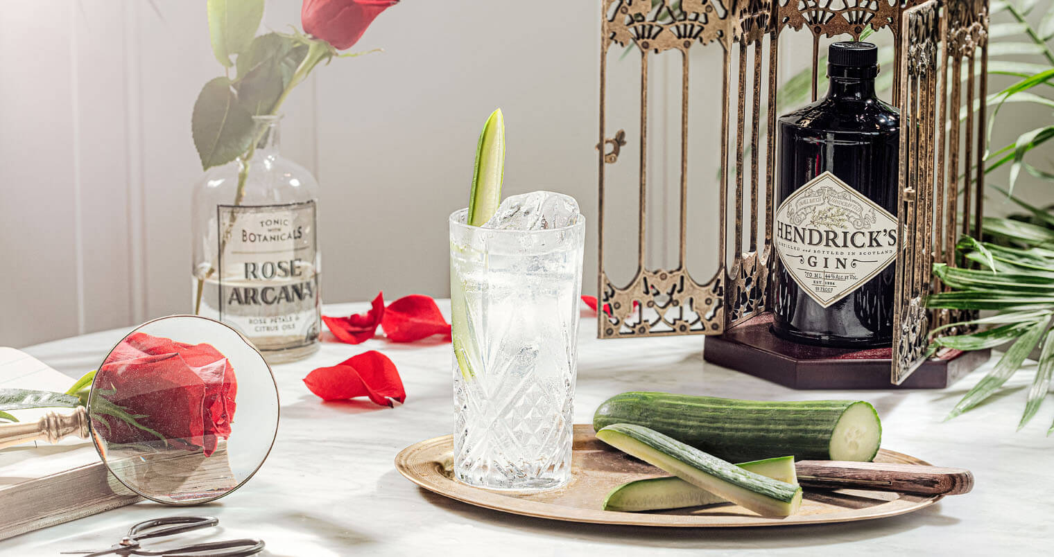 Hendrick’s Rickey, cocktail, bottle, garnishes, bird cage, featured image