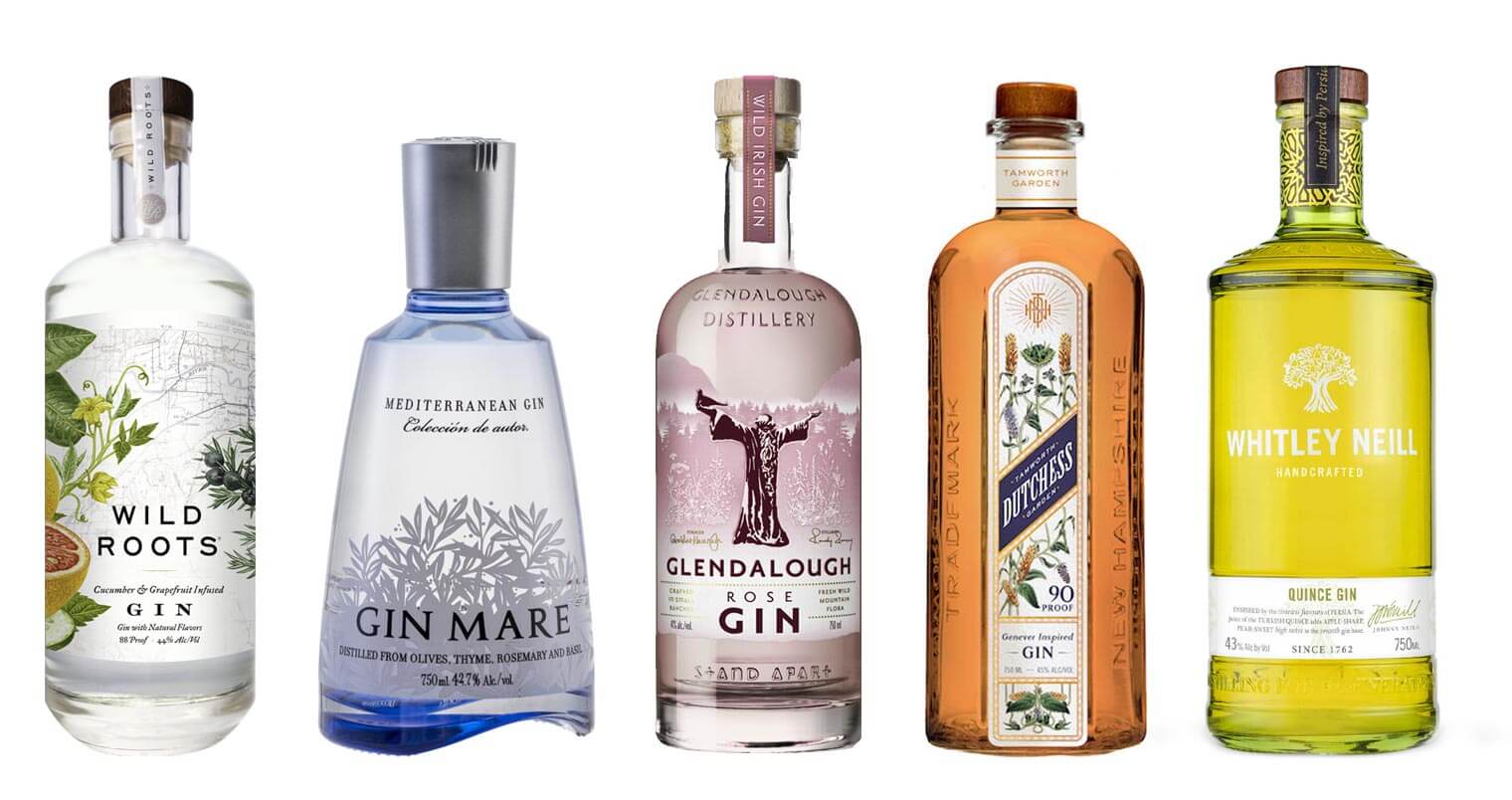 7 Interesting Gins to Try, bottles on white, featured image