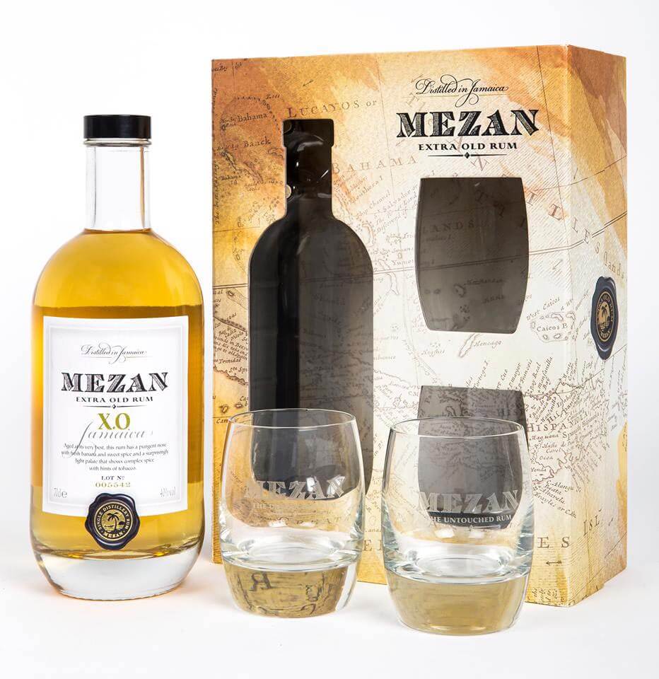 Mezan XO, bottle and gift package on white