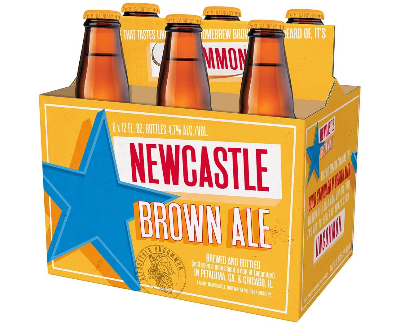 New Castle Brown Ale 6 Pack, bottles on white
