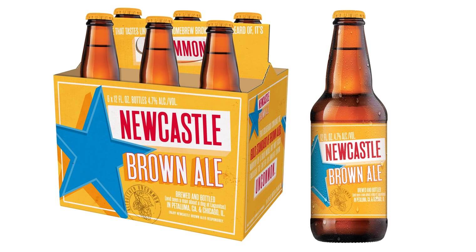 New Castle Brown Ale 6 Pack, bottles on white, featured image