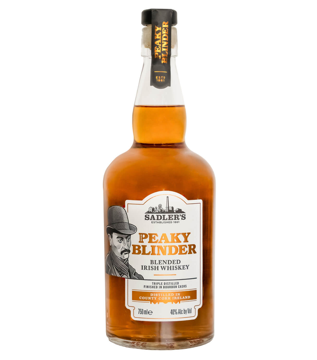 Peaky Blinder Irish Whiskey, bottle on white