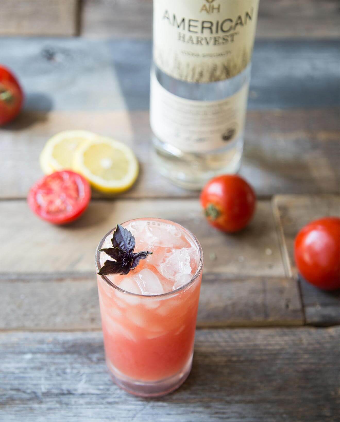 Tomato Purple Basil Vodka Cooler, cocktail, bottle, tomatoes
