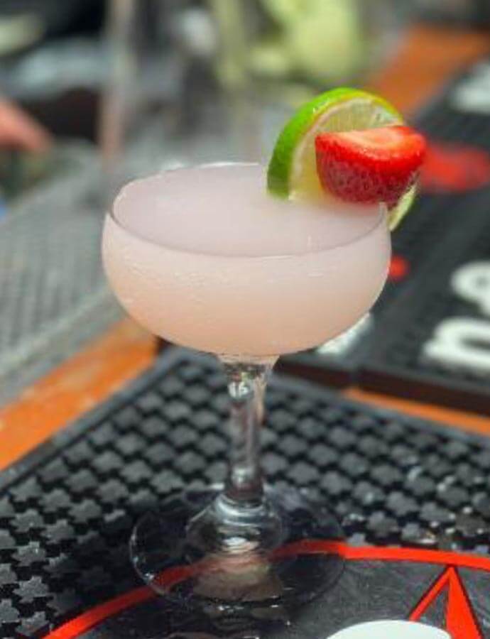Texas Summertime Sweetheart, cocktail with strawberry garnish