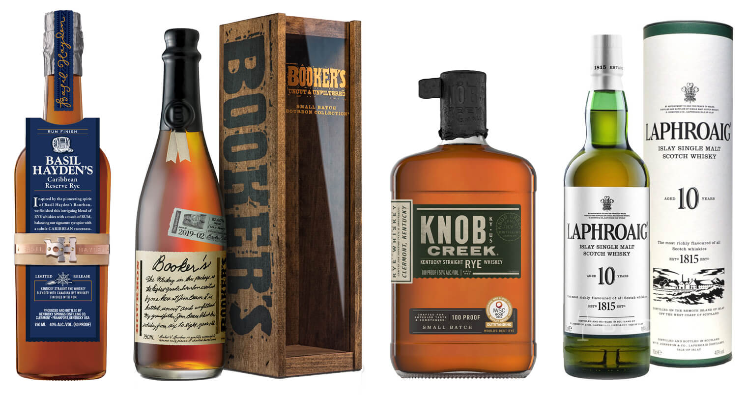 Whiskies for Father's Day, bottles and packaging on white, featured image