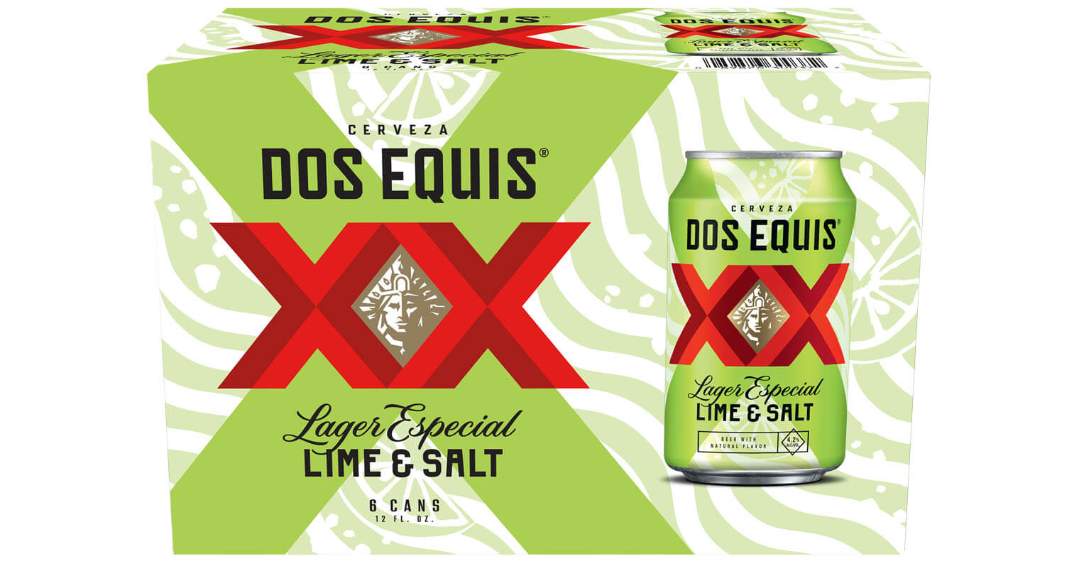 Dos Equis Lime & Salt Beer, packaging and can, on white, featured image